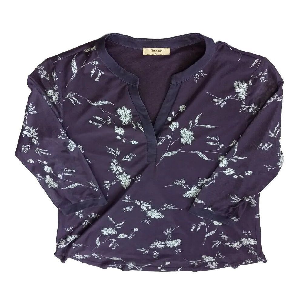 Timeson Women's‎ XL V-Neck Pullover Floral Aztec Stretch Purple Mesh Blouse